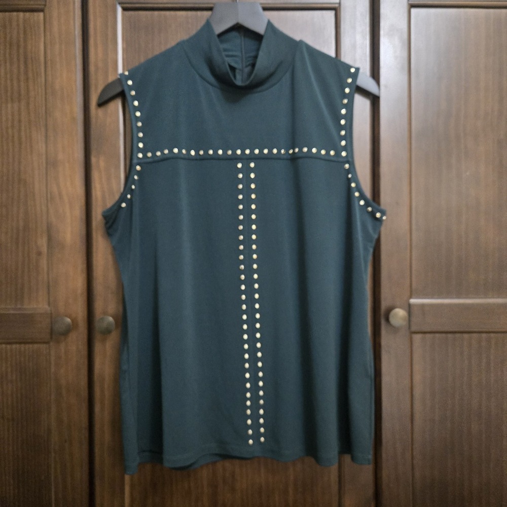 Calvin Klein Womens XL Mock Neck Sleeveless Top Tank Studded Jewel Hunter Green - Picture 1 of 13